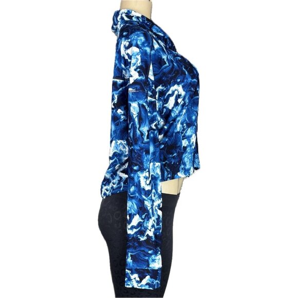 Speedo L Blue Print Drawstring Mock Neck Endurance Lte Long Sleeve Crop Swim Top - Picture 3 of 6